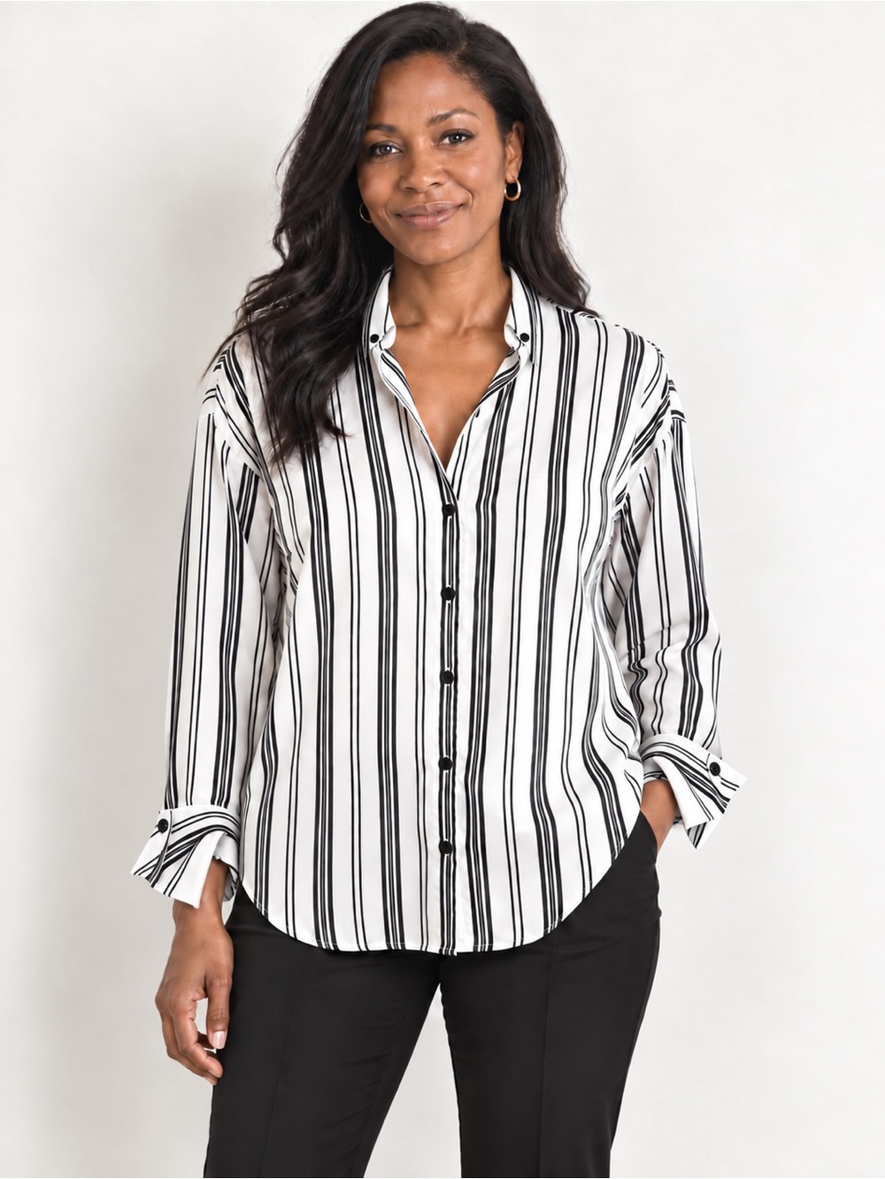 Zara Black White Striped Satin-Feel Button Down Blouse M